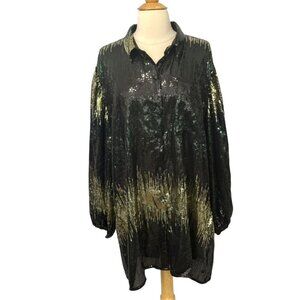 Jen's Pirate Booty Sequin Shirt Mini Dress Black Gold Shimmer Long Sleeve Size S